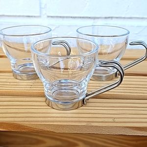 3 VintagVITROSAX Clear Glass Metal Handle Espresso Coffee Cups Demitasse ~ ITALY
